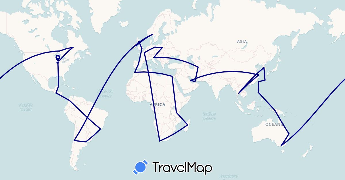 TravelMap itinerary: driving in Argentina, Australia, Bahrain, Brazil, Canada, Chile, China, Colombia, Germany, Egypt, Spain, France, United Kingdom, Indonesia, Ireland, India, Italy, Japan, South Korea, Morocco, Madagascar, Mexico, Norway, Philippines, Poland, El Salvador, Thailand, Turkmenistan, Taiwan, Tanzania, United States, South Africa (Africa, Asia, Europe, North America, Oceania, South America)